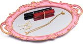Vintage 36,8 x 25,4 cm decoratieve spiegel dienblad, make-up organizer, sieraden organizer, serveren dienblad, ovaal roze