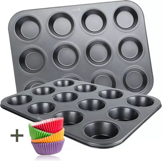 COOCK - Moule à Muffins avec 12 Moules à Cupcakes - Antiadhésif | Incl. Formes en papier et E-book