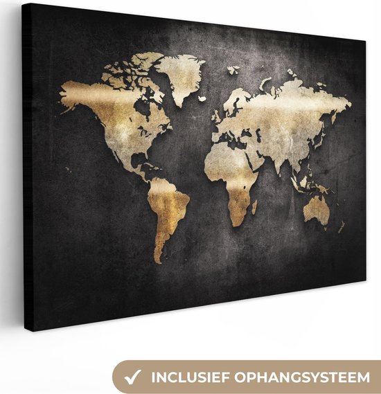 Canvas Wereldkaart - 60x40 - Wanddecoratie Wereldkaart - Goud - Zwart