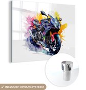 MuchoWow® Glasschilderij 120x90 cm - Schilderij glas - Motor - Bike - Kleuren - Graffiti - Foto op acrylglas - Schilderijen