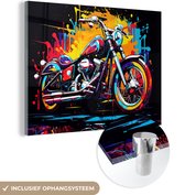 MuchoWow® Glasschilderij 120x90 cm - Schilderij glas - Motor - Bike - Graffiti - Neon - Kleuren - Foto op acrylglas - Schilderijen