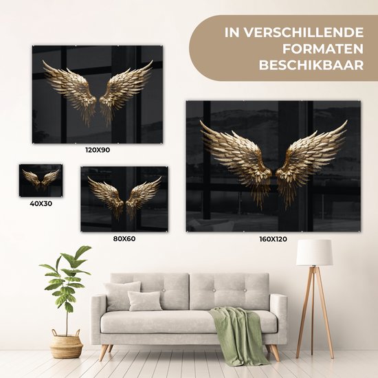MuchoWow® Glasschilderij 120x90 cm - Schilderij acrylglas - Vleugels - Engel - Goud - Zwart - Abstract - Foto op glas - Muurdecoratie woonkamer - Wanddecoratie slaapkamer - Schilderijen