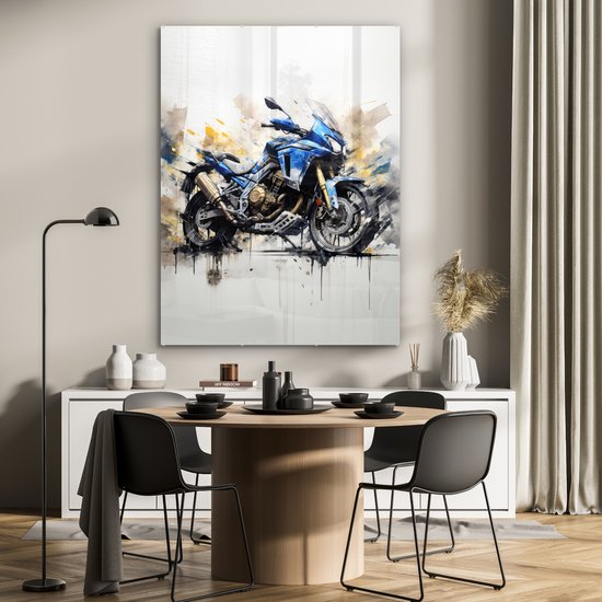 MuchoWow® Glasschilderij 90x120 cm - Schilderij glas - Motor - Bike - Graffiti - Pastel - Blauw - Wit - Goud - Foto op acrylglas - Schilderijen