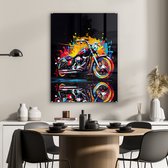 MuchoWow® Glasschilderij 60x80 cm - Schilderij glas - Motor - Bike - Graffiti - Neon - Kleuren - Foto op acrylglas - Schilderijen