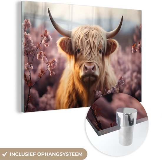 MuchoWow® Glasschilderij 180x120 cm - Schilderij glas - Schotse hooglander - Dieren portret - Bloemen - Dier - Foto op acrylglas - Schilderijen