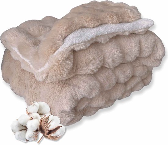 DecoSence® Plaid Bont 150x200 cm - Deken Imitatiebont - Deken Faux Fur - Fleece Sherpa Plaids - Beige - Fleece Deken - Heerlijk als Dekbed