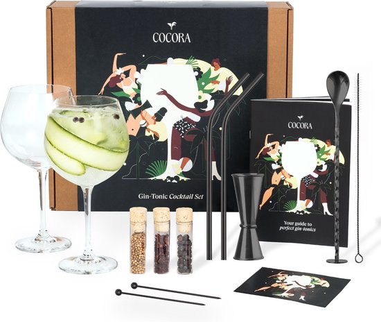 Coffret cadeau Cocora Gin Tonic - Set à cocktail 12 pièces en acier inoxydable - Verres en cristal Tritan® - Boek de cocktails - Emballage cadeau de Luxe - Métal Zwart