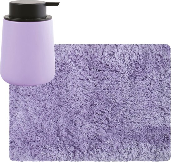 MSV badkamer droogloop tapijt/matje - Langharig - 50 x 70 cm - inclusief zeeppompje in dezelfde kleur - lila paars