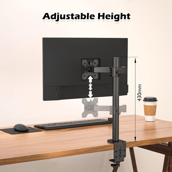 HUANUO Enkele monitorarm bureausteun voor 13 tot 32 inch schermen, gereedschapsvrije hoogte verstelbare monitorstandaard met kantelbaar draaibaar, 75 en 100 mm VESA-montage, belasting 20 lbs, C-klem