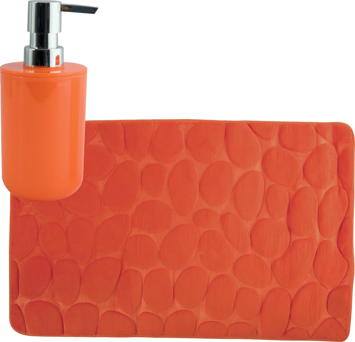 MSV badkamer droogloop mat tapijt Kiezel motief 50 x 80 cm zelfde kleur zeeppompje 260 ml oranje