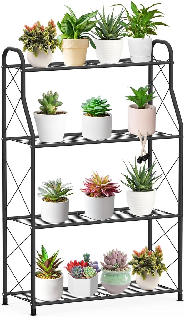 Metalen bloemenrek plantenstandaard met 4 planken plantenpotten staand rek bloempot pothouder bloemenstandaard voor binnen en buiten balkon tuin zwart