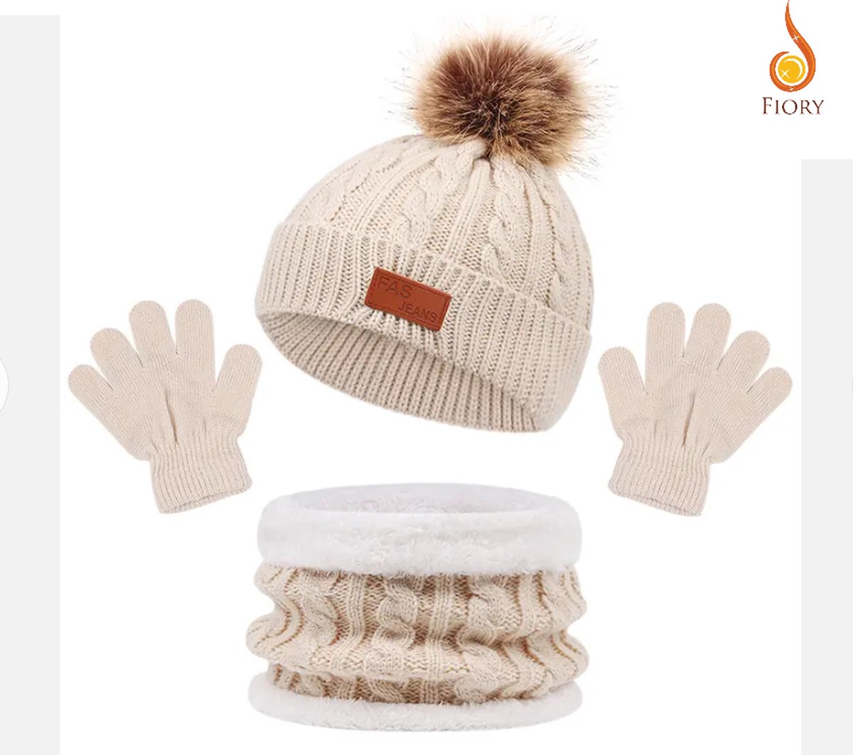 Fiory Wintermuts, Sjaal, Handschoenen Kinderen| 3 in 1| Wintermuts kids| Muts| Fleece binnenzijde sjaal| 1 tm 5 jaar | Beige