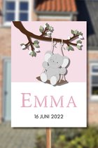 Welkomukkie.nl - geboortebord buiten - tak met schommelend olifantje - roze - 50x70cm - gratis eigen tekst en naam - babybord
