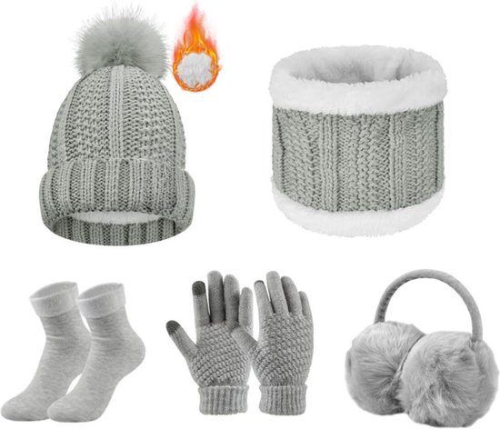 5-delige winterskiset voor dames, gebreide winterset, warme muts, sjaal, gebreide handschoenen, oorbeschermers, sokken, hoed, pompon