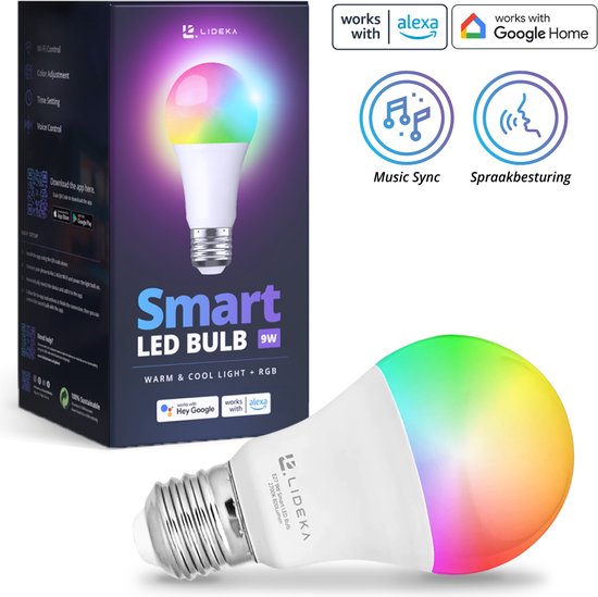 Lideka® - Slimme LED Smart Lampen - E27 9W - RGBW - met App - 800 Lumen - 2700K - 6500K - Smart LED Verlichting - Dimbaar - Google, Alexa en Siri - Kerstcadeau