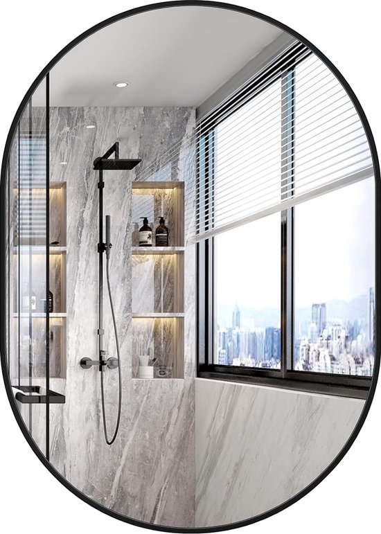 Ovale wandspiegel, 50 x 70 cm, met aluminium frame, decoratieve HD-wandspiegel, make-upspiegel voor badkamer/kleedkamer/woonkamer, onbreekbare spiegel (zwart)