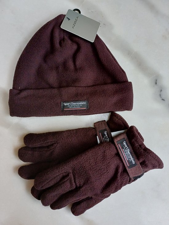 Winterset heren Bruin: Muts met lagen fleece en Handschoenen
