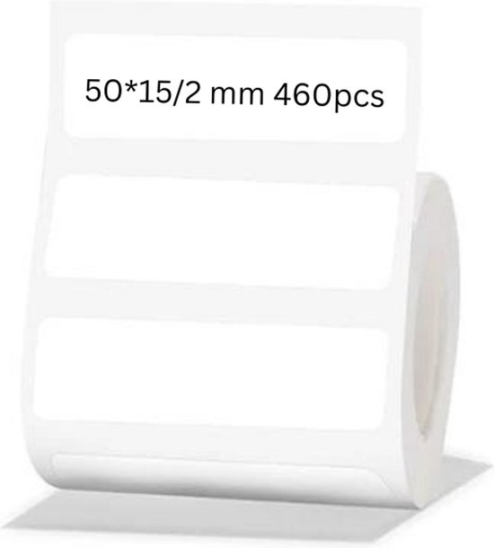 Wit labelrol met tekst '50*15/2 mm 460pcs'. Afmeting: 50x15/2 mm, 460 labels.
