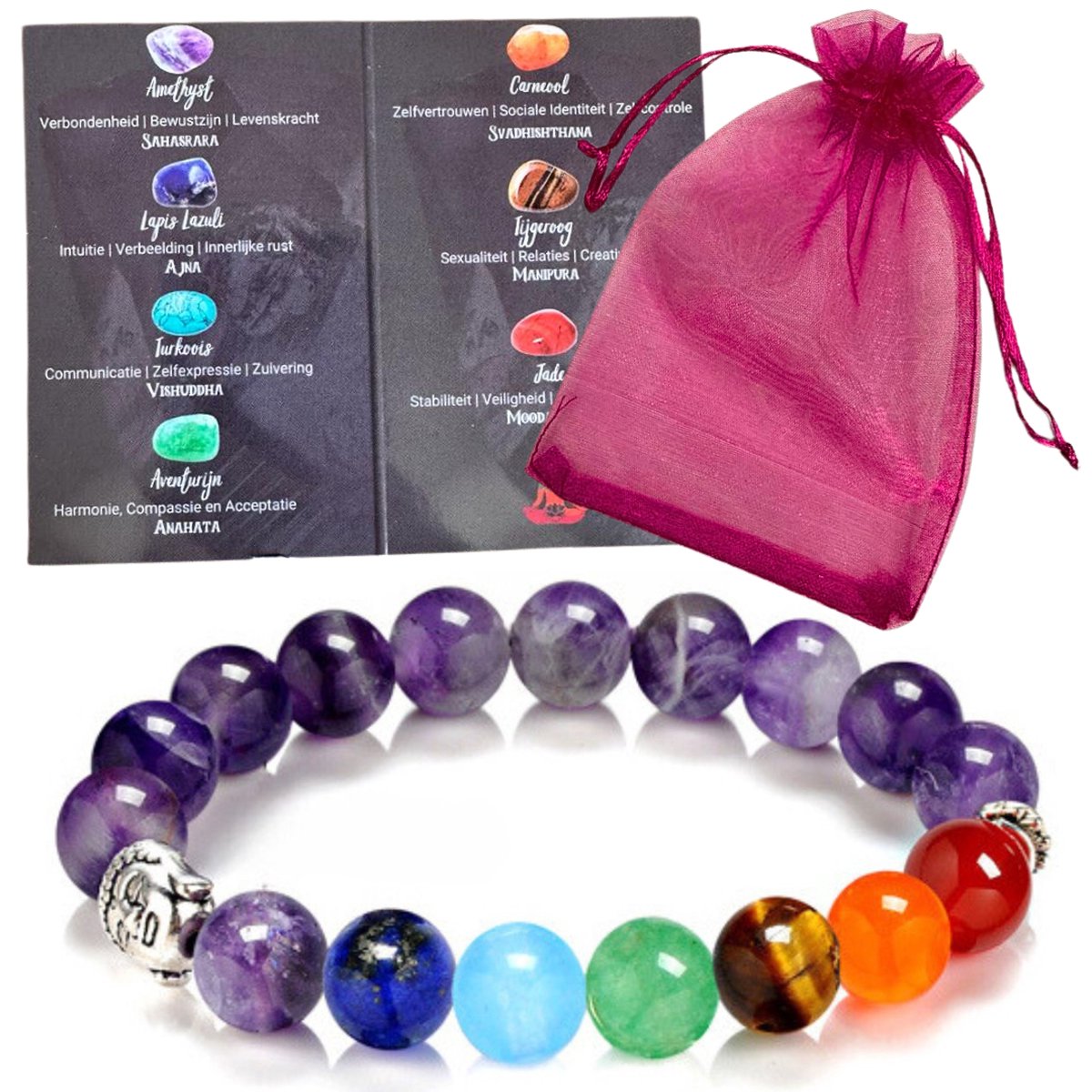 Amethist Armbandje met Boeddha en Chakra Edelstenen - 19CM Strechtarmbandje met Boeddha + Kaartje met uitleg