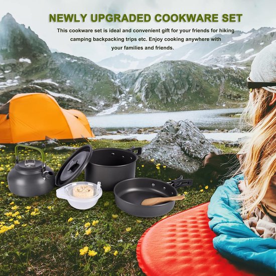 10-delige pannenset, picknickpotten, campingpannenset, draagbare campingwaterkoker, kookuitrusting voor wandelen, backpacken, buiten en grillen (2-3 personen) — afbeelding 2