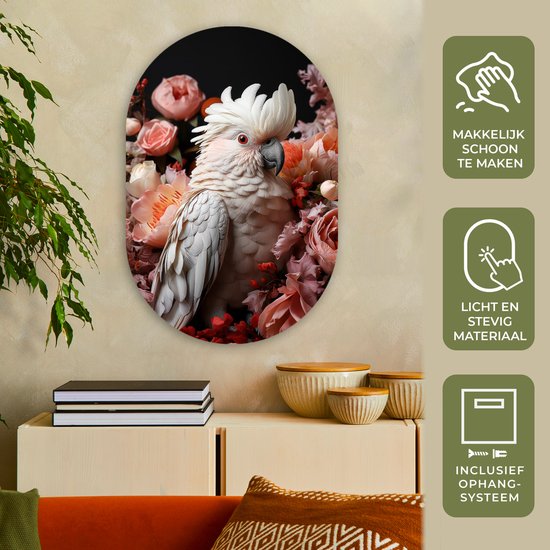Mur ovale 60x90 cm - Mur ovale Cacatoès - Animal - Nature - Botanique - Fleurs - Rose - Décoration murale plastique - Tableau ovale - Décoration murale salon - Peintures - Forme miroir ovale sur plastique