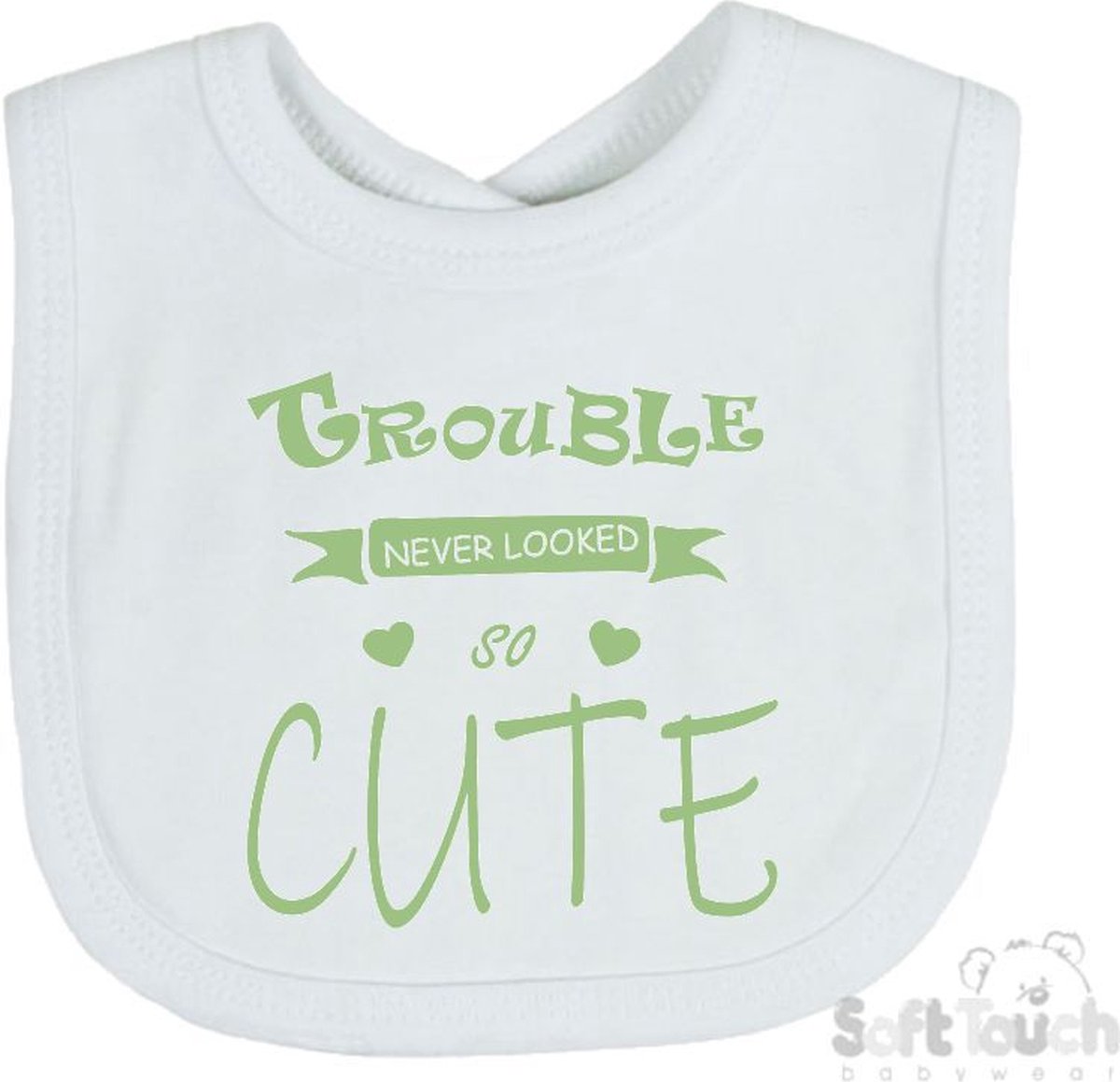 Goedkoopste Soft Touch Slabber Slabbetje Slab Trouble never looked so good Unisex Katoen Wit/sage green (saliegroen) Maat 33x22 Cm