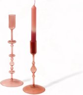 WinQ!- Kandelaar glas 10x22cm en 10x29cm- Set van 2-Kaarsenhouder in Roze - geschikt voor dinerkaars-woonkamer decoratie-cadeau
