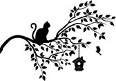 Decoratieve raam - muur sticker poes op tak - vogelhuisje - kat op tak