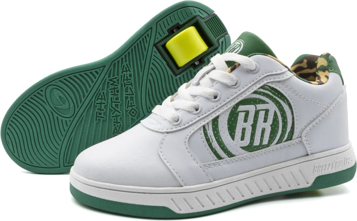 Breezy Rollers Kinder Sneakers met Wieltjes - Wit/Groen - Schoenen met wieltjes - Rolschoenen - Maat: 35