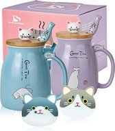 Pakket van 2 kattencups, schattige keramische koffiekopjes met bamboe deksel en lepel, grappige ochtendbeker, koffie, melk, theemok, 3D-dierlijke kattencups voor kattenliefhebbers (blauw en paars)