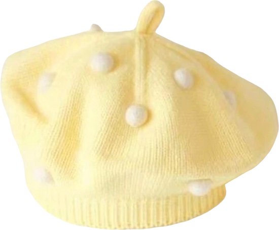 Fabs World Kinder baret lichtgeel met offwhite dots