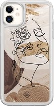 Casimoda® hoesje - Geschikt voor iPhone 11 - Abstract Gezicht Bruin - 2-in-1 case - Schokbestendig - Geometrisch patroon - Verhoogde randen - Bruin/beige, Transparant