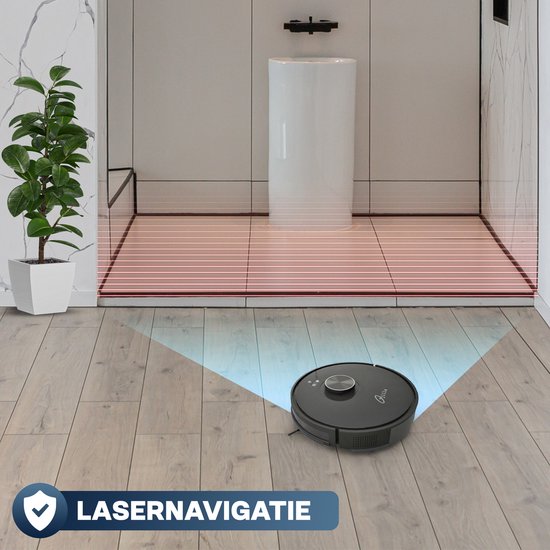 Zwarte robotstofzuiger Tjilla C150 in badkamer, met blauwe laserprojectie. "LASERNAVIGATIE".