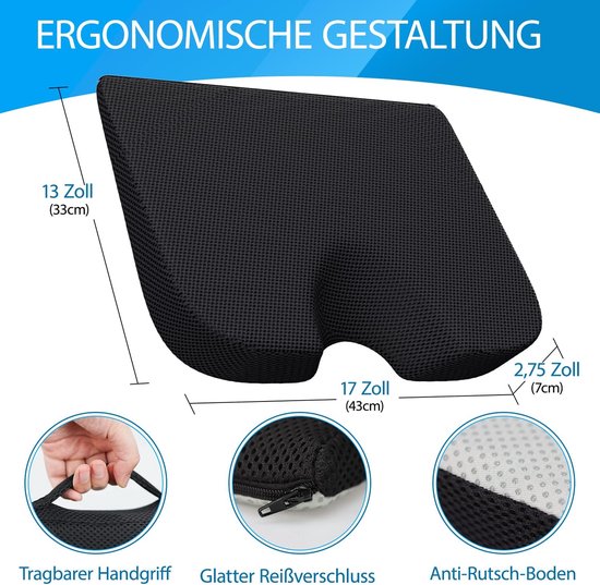 Zitcomfort Voor Ischias En Rug HOMCOM Orthopedisch Zitkussen – Traagschuim, Anti-slip, Voor Op Je Bureaustoel, Auto Of Gewoon Thuis Ademend Mesh