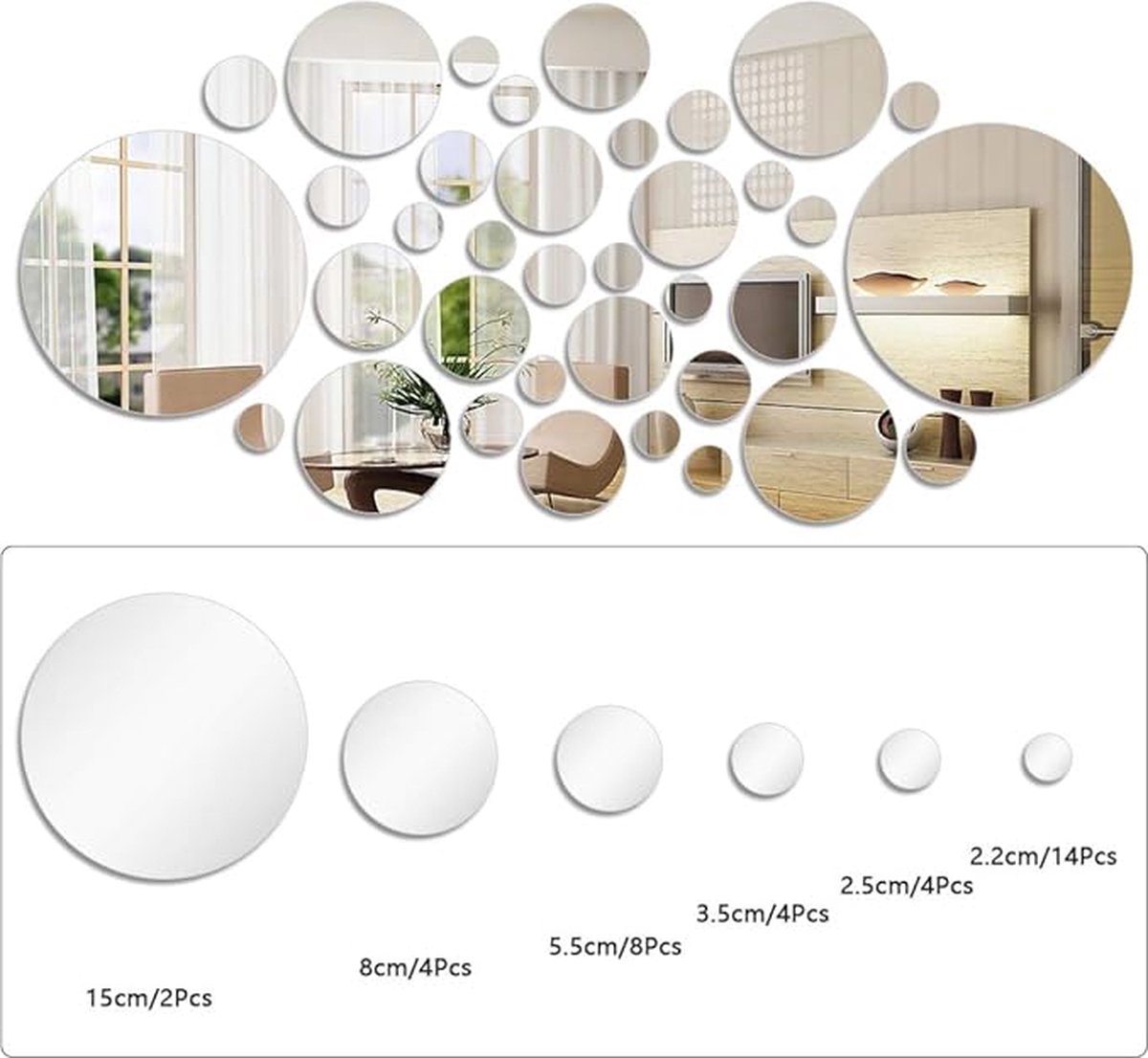 - Spiegelstickers, stickers 36 stuks, modern, acrylspiegel van kunststof, zelfklevend, ron