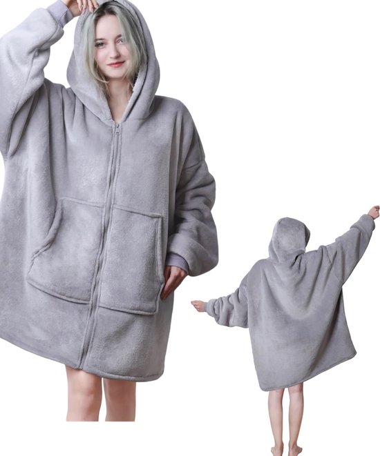 Couverture à capuche XXL - gris argenté - couverture à manches - gris avec fermeture éclair - surdimensionnée - super douce