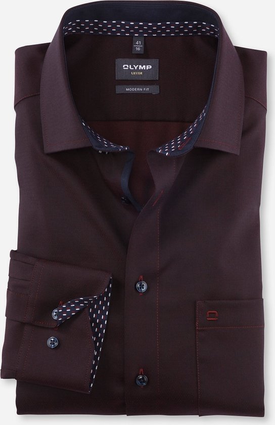 OLYMP modern fit overhemd - mouwlengte 7 - structuur - donkerrood (contrast) - Strijkvrij - Boordmaat: 40