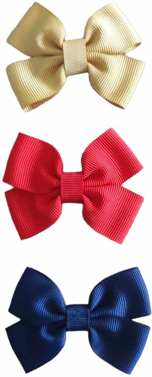 Haarspeldjes met Strik - Setje van 3 - Haaraccessoires voor Meisjes - Goud, Rood & Blauw