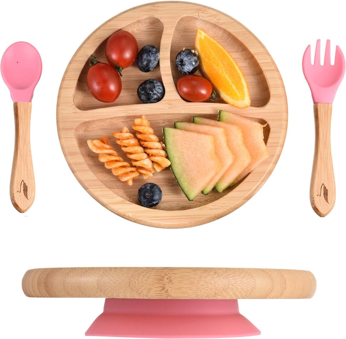 Pencilluxe® Rond Bamboe Baby Bord (Roze) - Baby Cadeau - Kinderservies set - Zuignap - Kinderbord - Baby servies - Baby bestek - Melamine & BPA-vrij - Vakjesbord - Kraammand - Kraamcadeau - Babyshower cadeau - Baby - Geboorte Cadeau - Kraamvisite