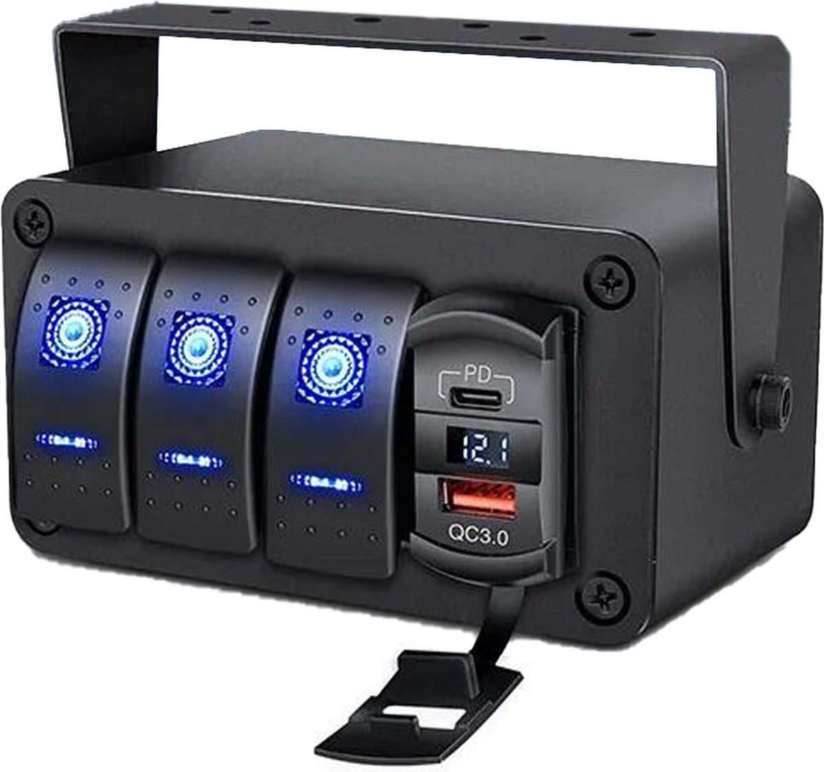 Schakelpaneel 3-voudig + USB oplader met voltmeter - 12-24V - QC3,0 - YJ-SPA063 - Zwart - Voor Auto, Boot, Camper & Vrachtwagen