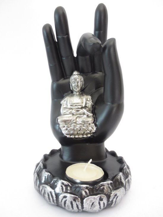 Theelichthouder Boeddha in hand zwart/grijs - ook voor wierook stokjes - hand - wierookhouder