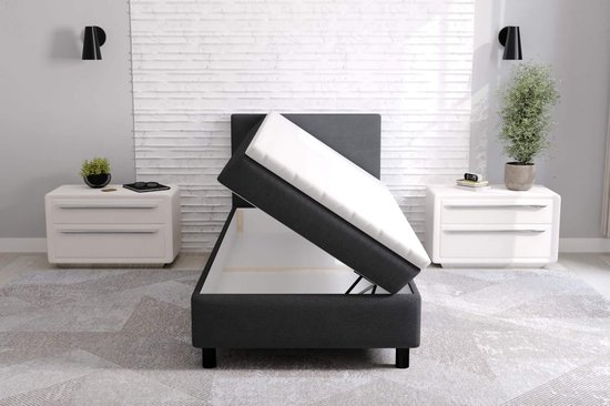 Boxspring met Opbergruimte erolla- 90x200cm- zwart stof compleet bed met opbergruimte- inclusief topper 8cm dik- seatsandbeds
