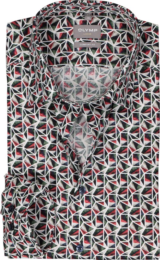 OLYMP comfort fit overhemd - twill - olijfgroen met rood en wit dessin - Strijkvrij - Boordmaat: 41