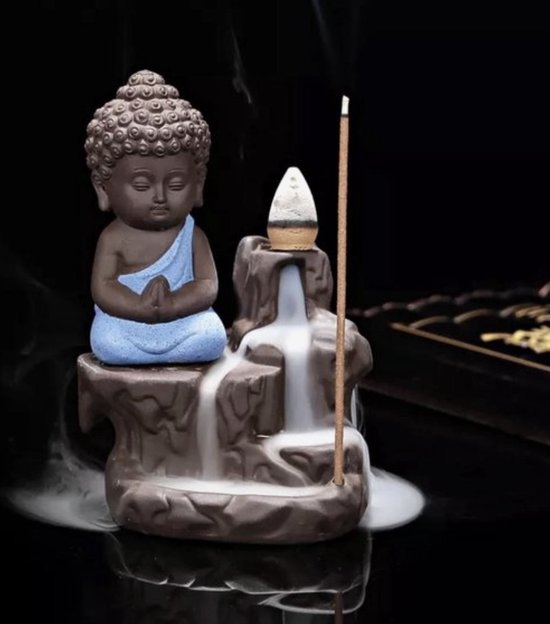 Backflow wierook brander / houder waterval blauwe keramiek monnik Boeddha Feng Shui