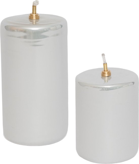 WinQ! - Olielamp cilinder 7,5x10cm en 7,5x13,5cm glas parelmoer wit glanzend - set à 2stuks - Ideale vervanging voor kaarsen incl. lont en trechter