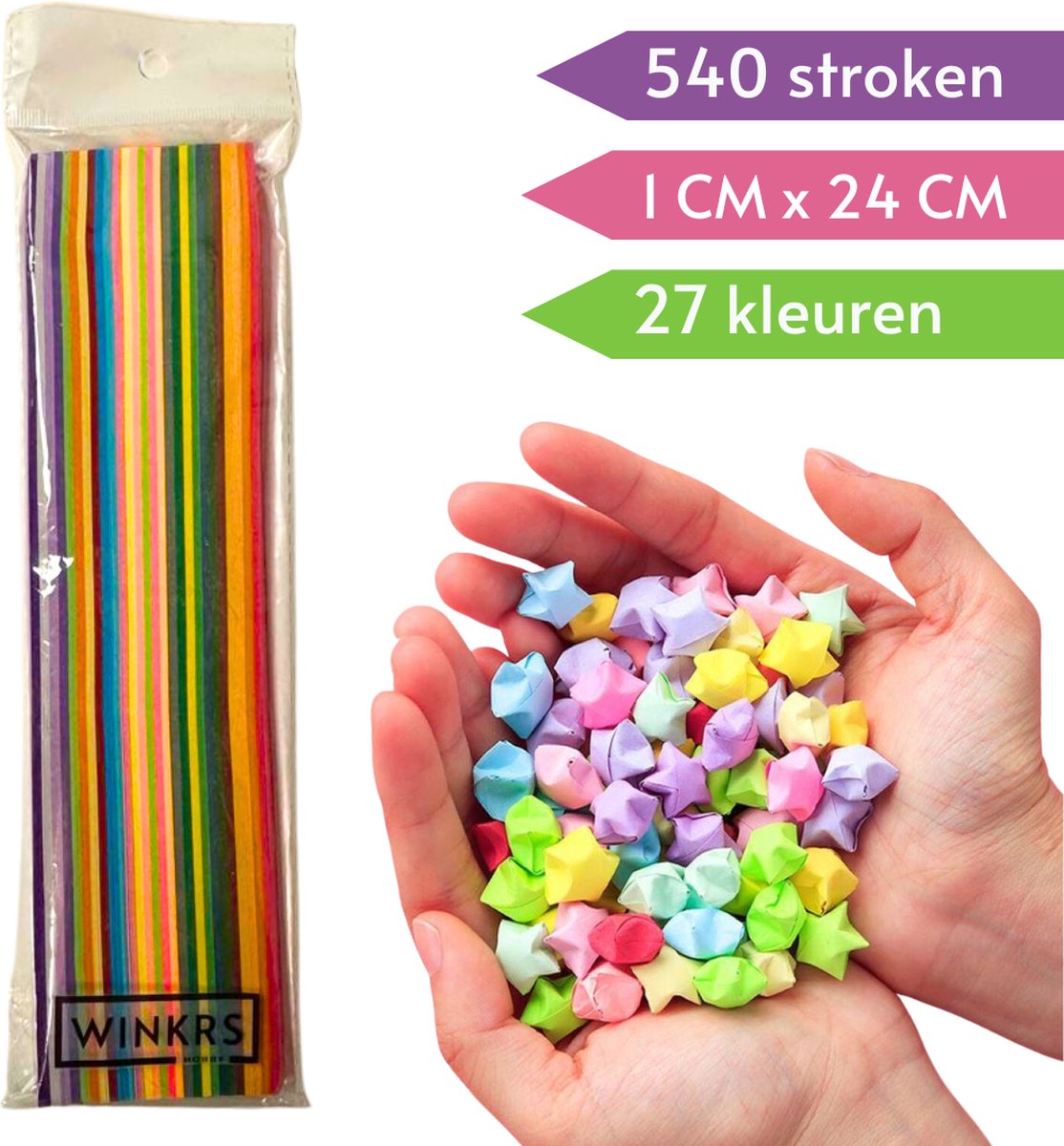 Knutselpapier - 540 stroken in 27 kleuren - 1CM x 24CM - Regenboog en Neon Papierstroken voor vouwen van Gelukssterren - Lucky Stars — afbeelding 4