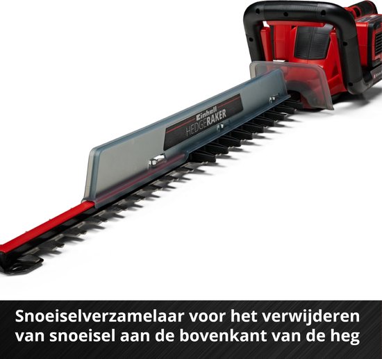 Einhell heggenschaar rood en zwart met snoeischaaropvangbak.