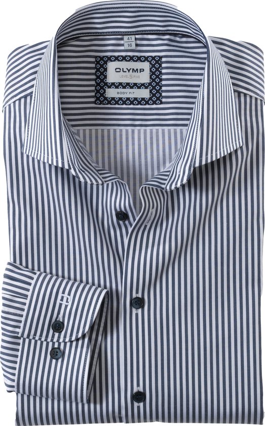 OLYMP Level 5 body fit overhemd - twill - marineblauw gestreept - Strijkvriendelijk - Boordmaat: 46