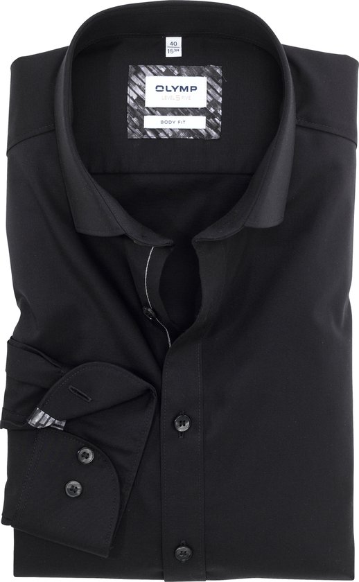 OLYMP Level 5 body fit overhemd - twill - zwart - Strijkvriendelijk - Boordmaat: 41