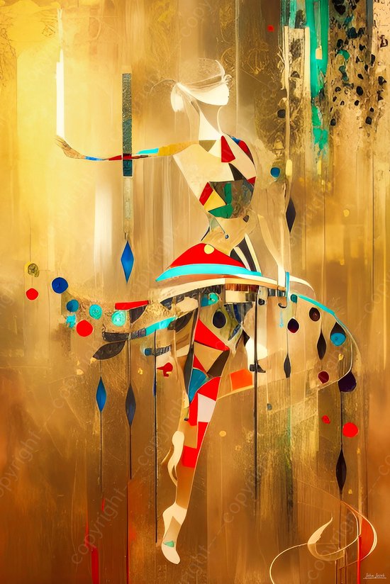 JJ-Art (Canvas) 120x80 | Dansende vrouw – abstract – kunst – kleurrijk – felle kleuren – woonkamer - slaapkamer | dansen, goud, rood, blauw, geel, groen, modern | Foto-Schilderij print (wanddecoratie)